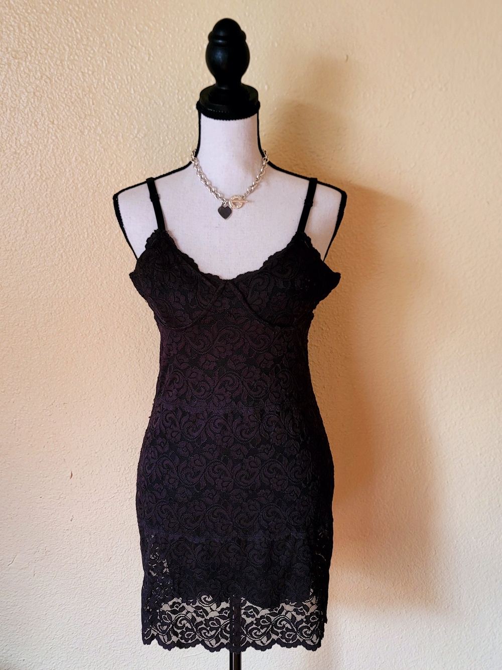 Twenty One Lace Slip Little Black Dress with Scalloped Hem, Lined Medium